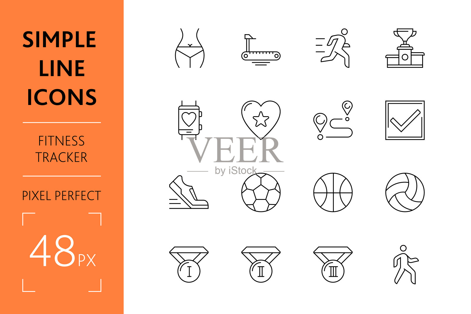 设置健身跟踪简单的线条运动图标。图标素材