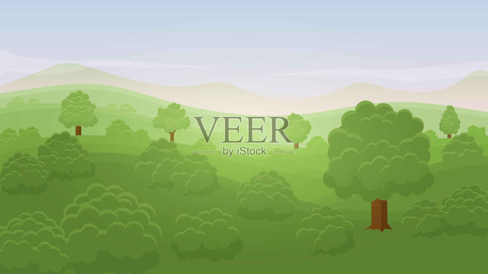 绿色景观夏季乡村山谷自然横幅山丘模板与天空，山脉，树木，灌木和草地插画图片素材