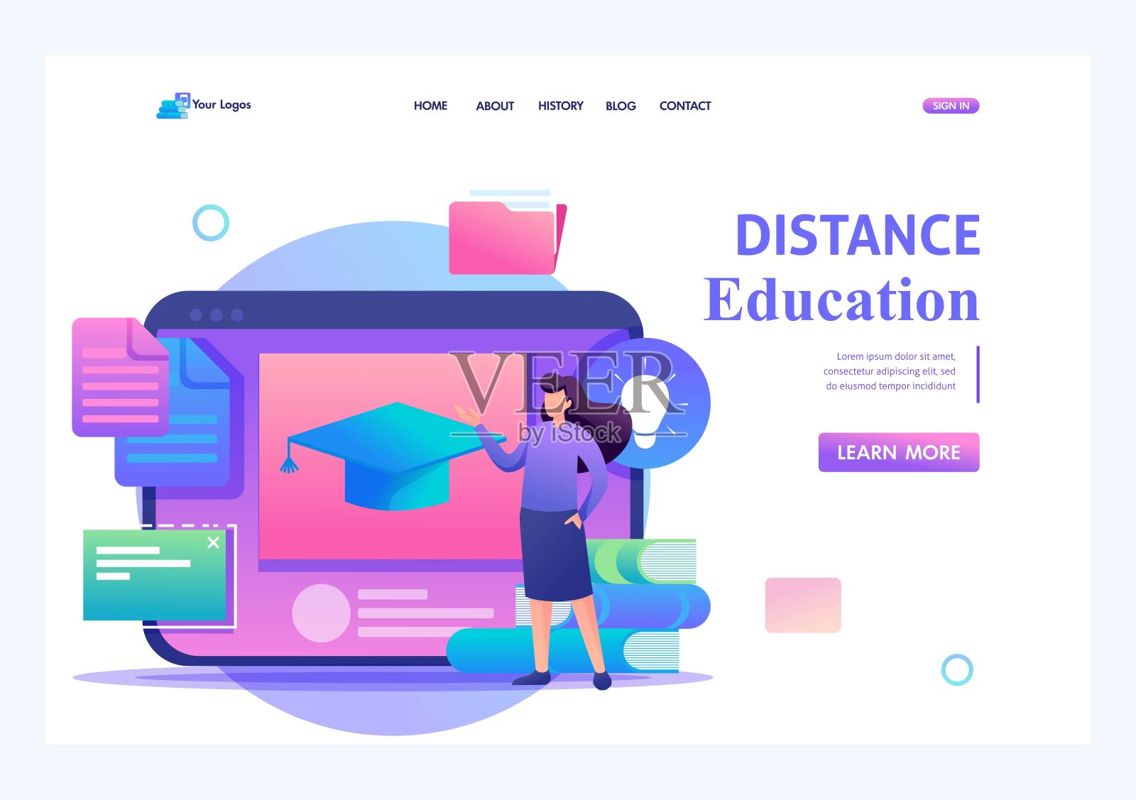 女孩站在平板电脑屏幕旁边拿着教育资料，进行远程教育。平面二维字符。登陆页面概念和网页设计插画图片素材