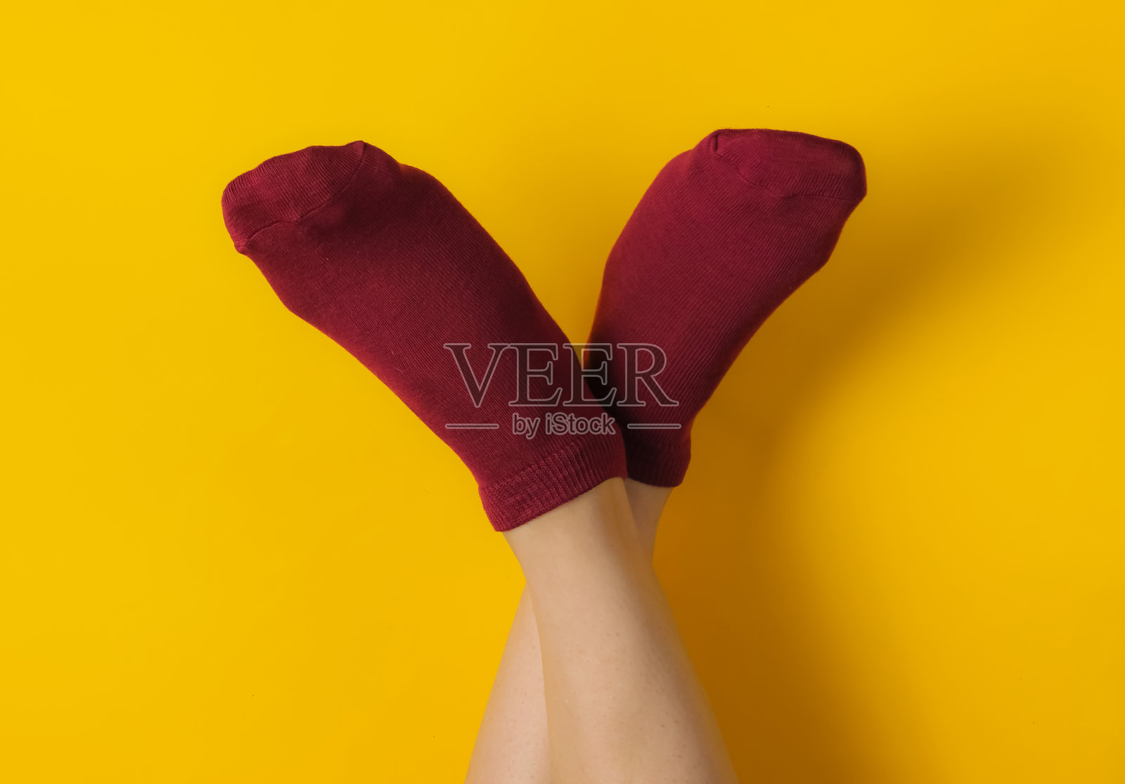 黄色背景下穿着勃艮第袜子纤细的女性腿部。工作室时尚照。顶视图照片摄影图片