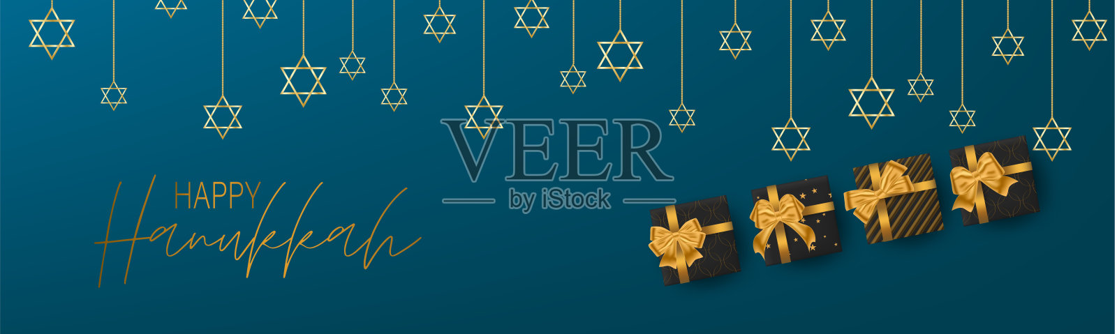 光明节快乐。传统的犹太节日。钱卡横幅或网站标题背景设计概念。犹太教装饰与黑色豪华礼盒与金色丝带。矢量插图。插画图片素材