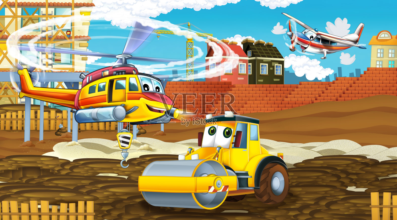 工业汽车在建筑工地和飞行的直升机和飞机的卡通场景插画图片素材
