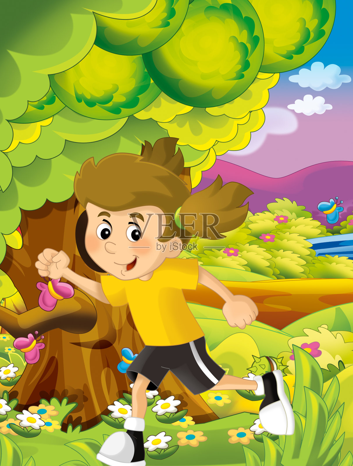 卡通的快乐和有趣的场景与孩子在公园里玩插画图片素材