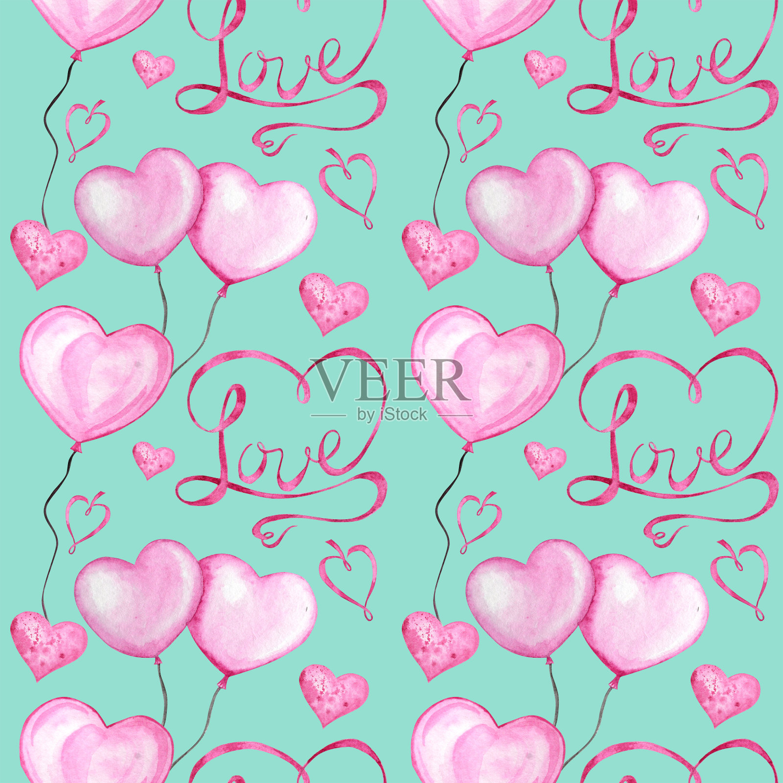 无缝图案水彩丝带心，情书贺卡概念。婚礼或情人节的横幅，海报设计在蓝色的背景上手绘红粉心。纹理的剪贴簿插画图片素材
