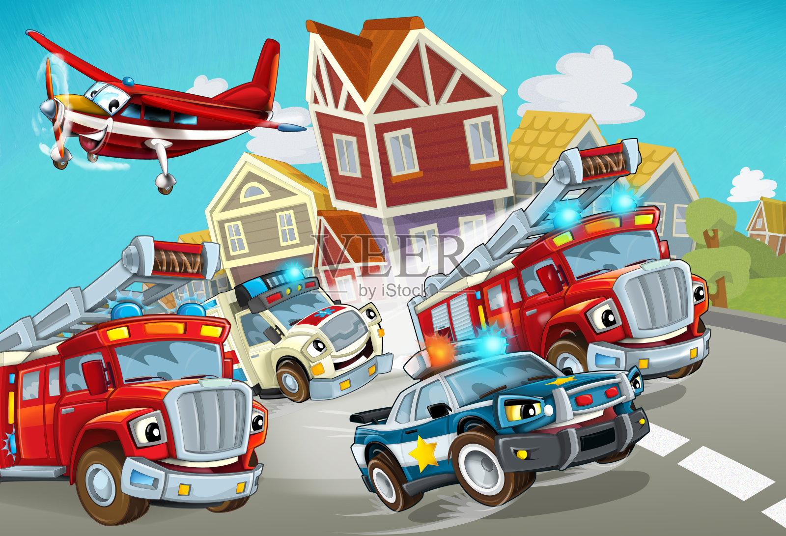 卡通场景:消防车辆、警车、救护车在路上行驶插画图片素材