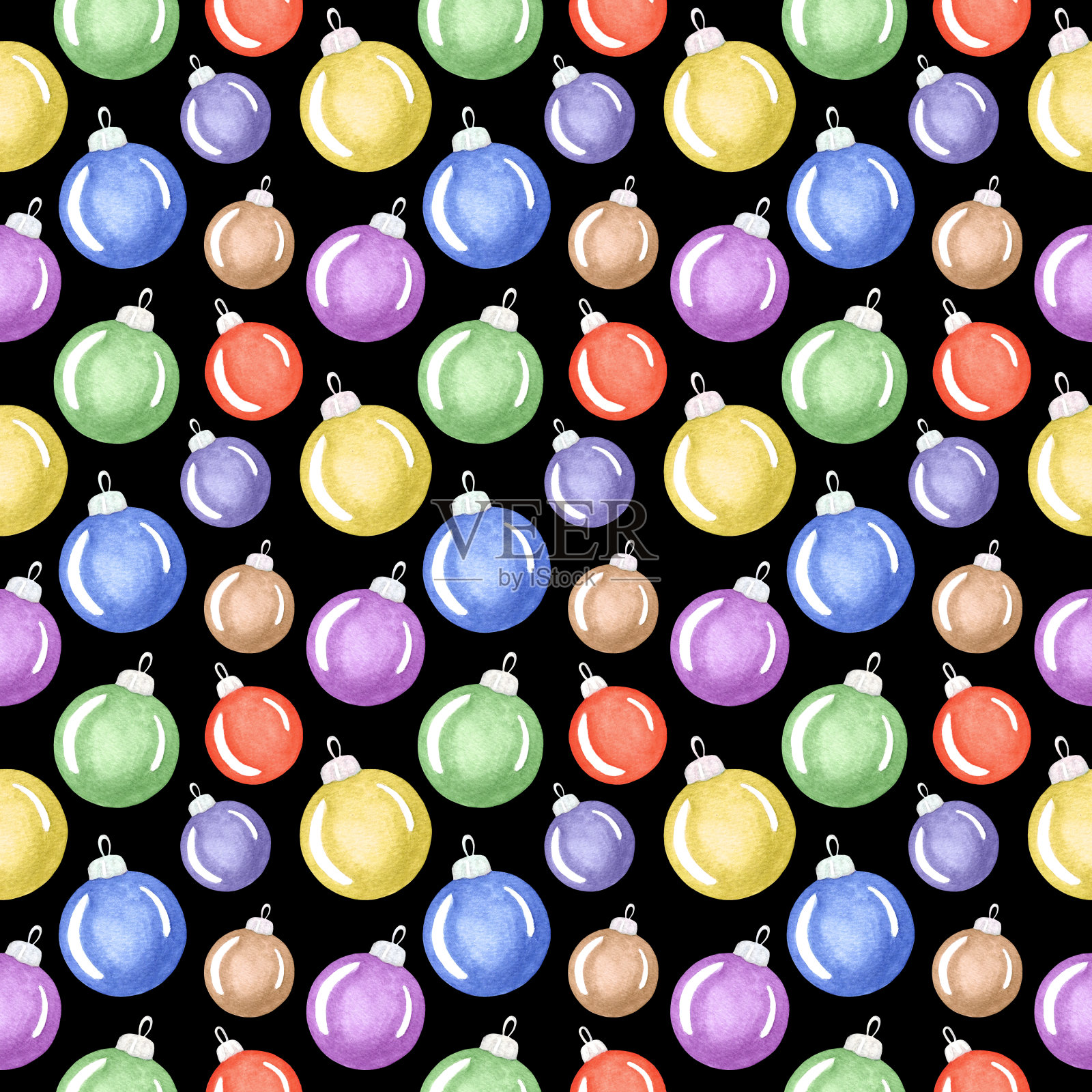 水彩无缝图案与圣诞和新年装饰，彩色装饰玻璃球在黑色的背景插画图片素材