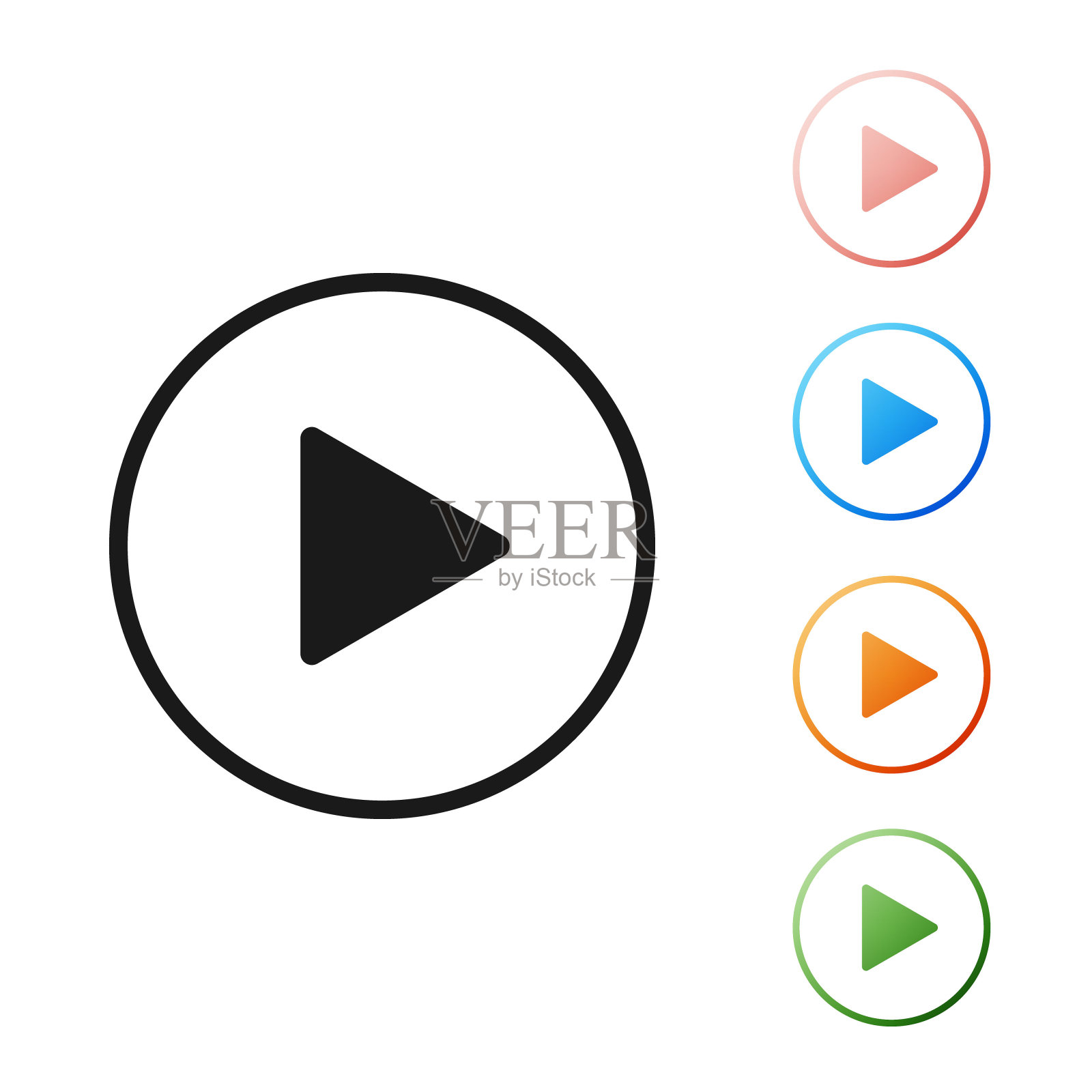 黑色播放在圆圈图标孤立的白色背景。设置图标丰富多彩。矢量图图标素材
