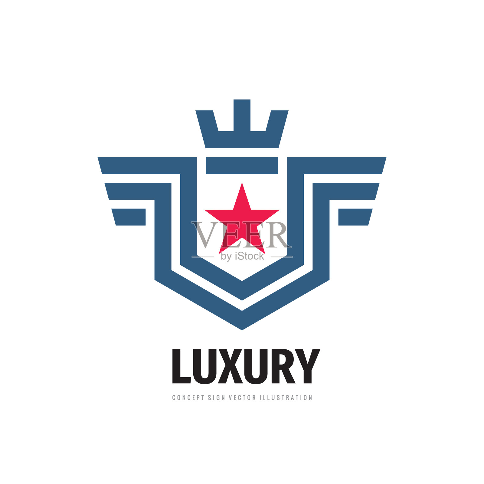 豪华概念商业标识设计。抽象盾牌有翅膀，皇冠，星星。保护信号。矢量插图。插画图片素材