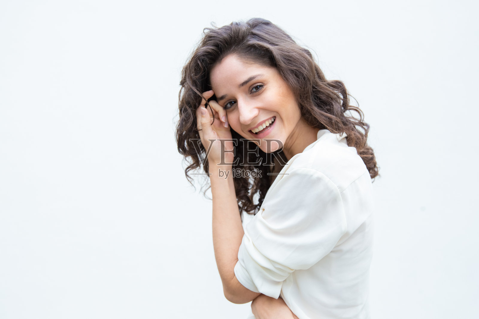 快乐快乐美丽的女人触摸面部皮肤照片摄影图片