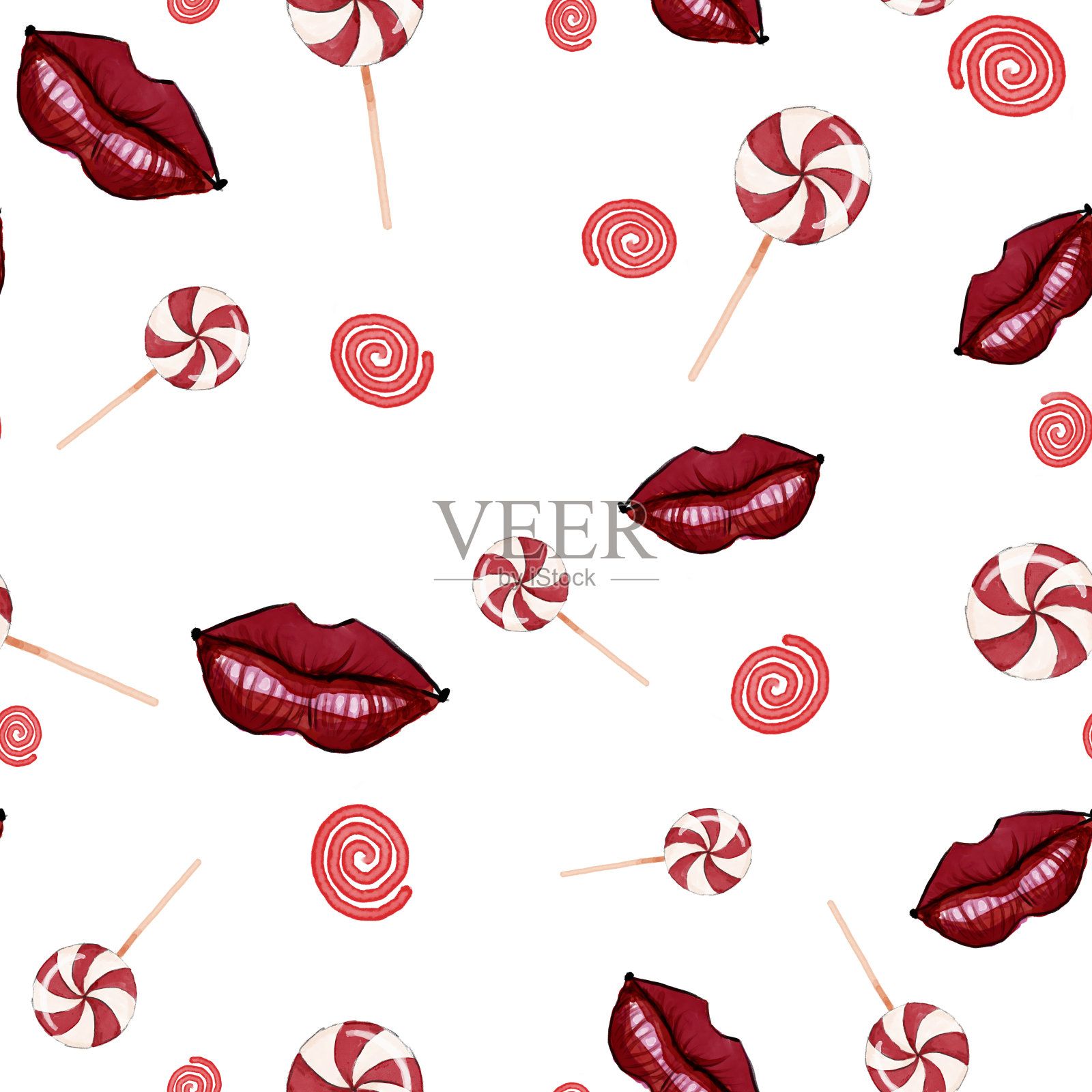 水彩素描，无缝图案，时尚插画与红唇，糖果和抽象螺旋。插画图片素材