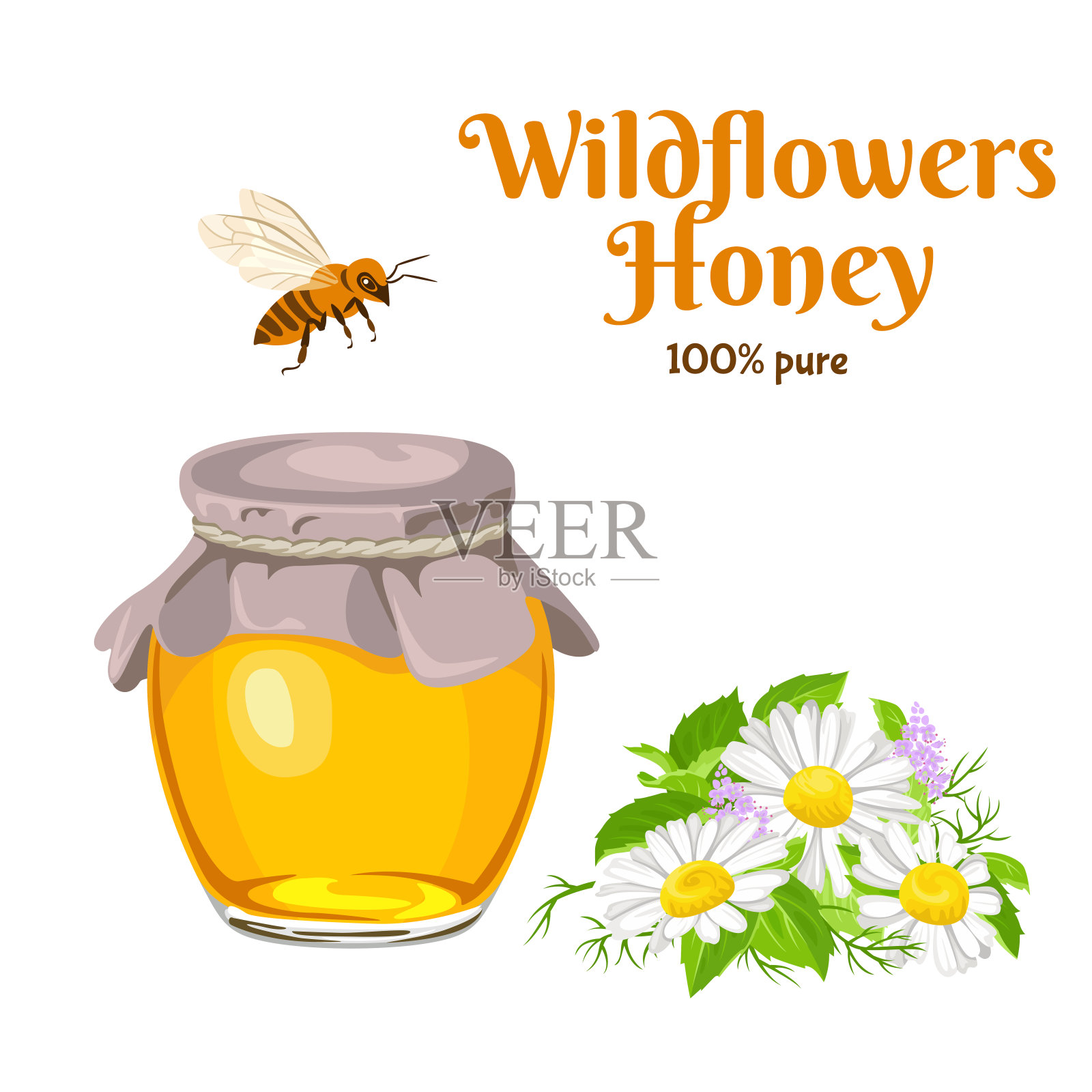 纯净的野花蜂蜜在玻璃罐中，飞行的蜜蜂和花束草地花孤立在白色的背景。矢量插图的自然糖果在卡通平面风格。插画图片素材