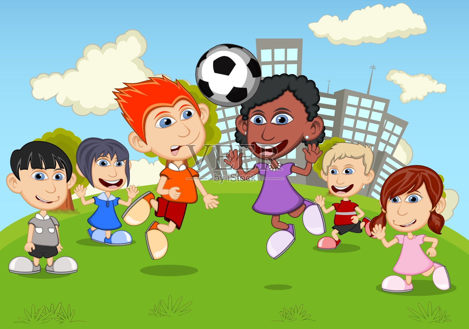 儿童在公园玩滑板、篮球、跳绳、足球等矢量动画插图插画图片素材