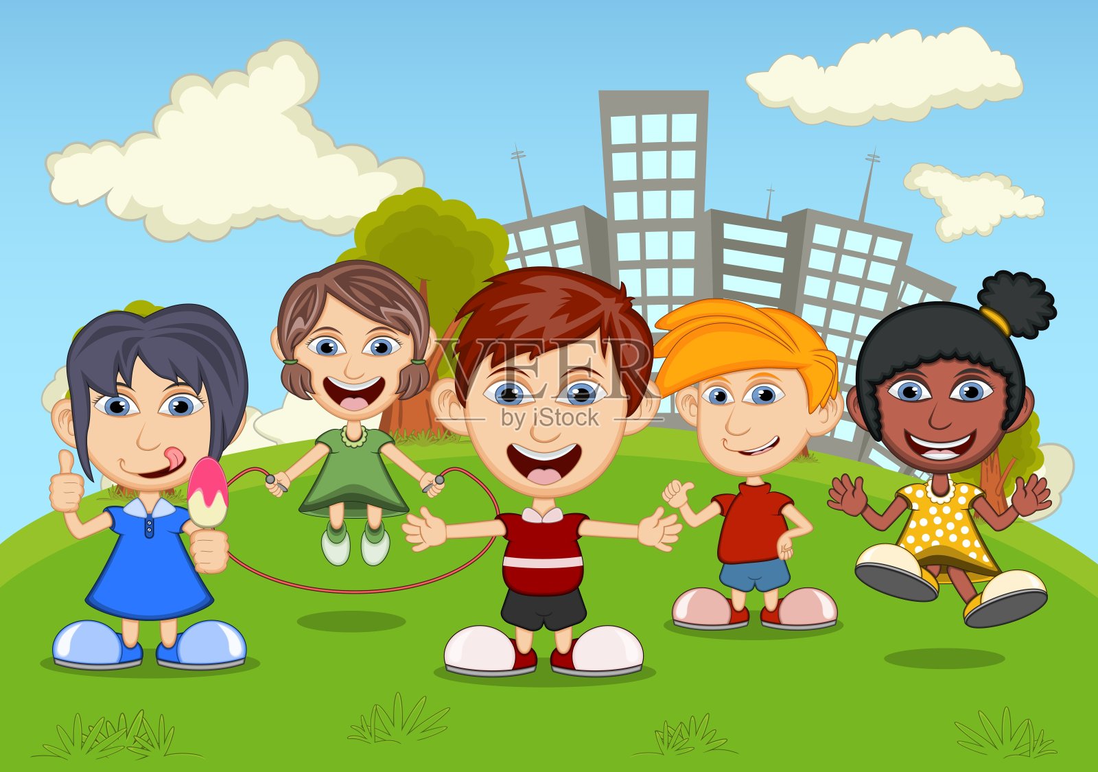 儿童在公园玩滑板、篮球、跳绳、足球等矢量动画插图插画图片素材