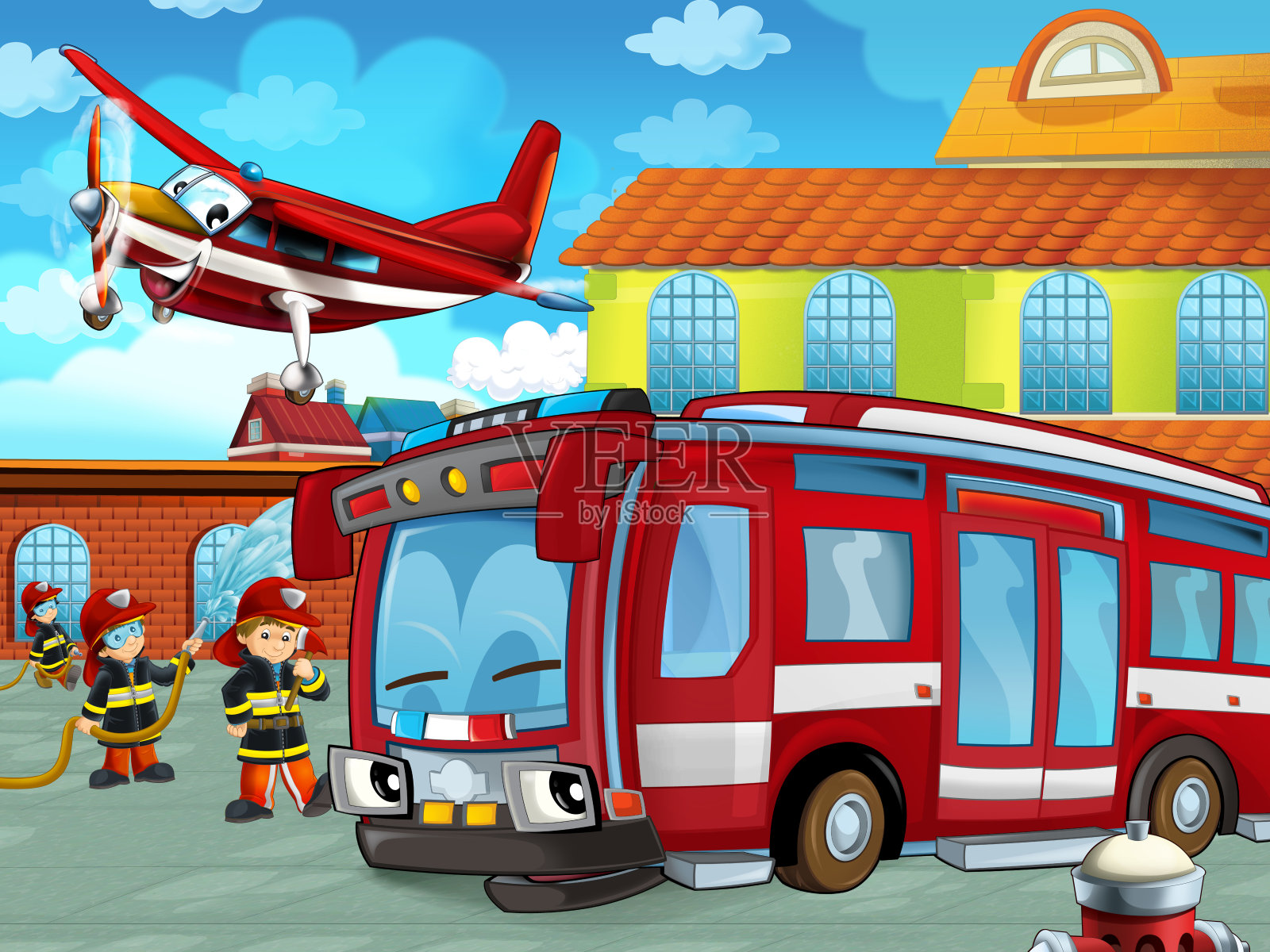 消防队员车在消防站附近的道路上的卡通场景插画图片素材
