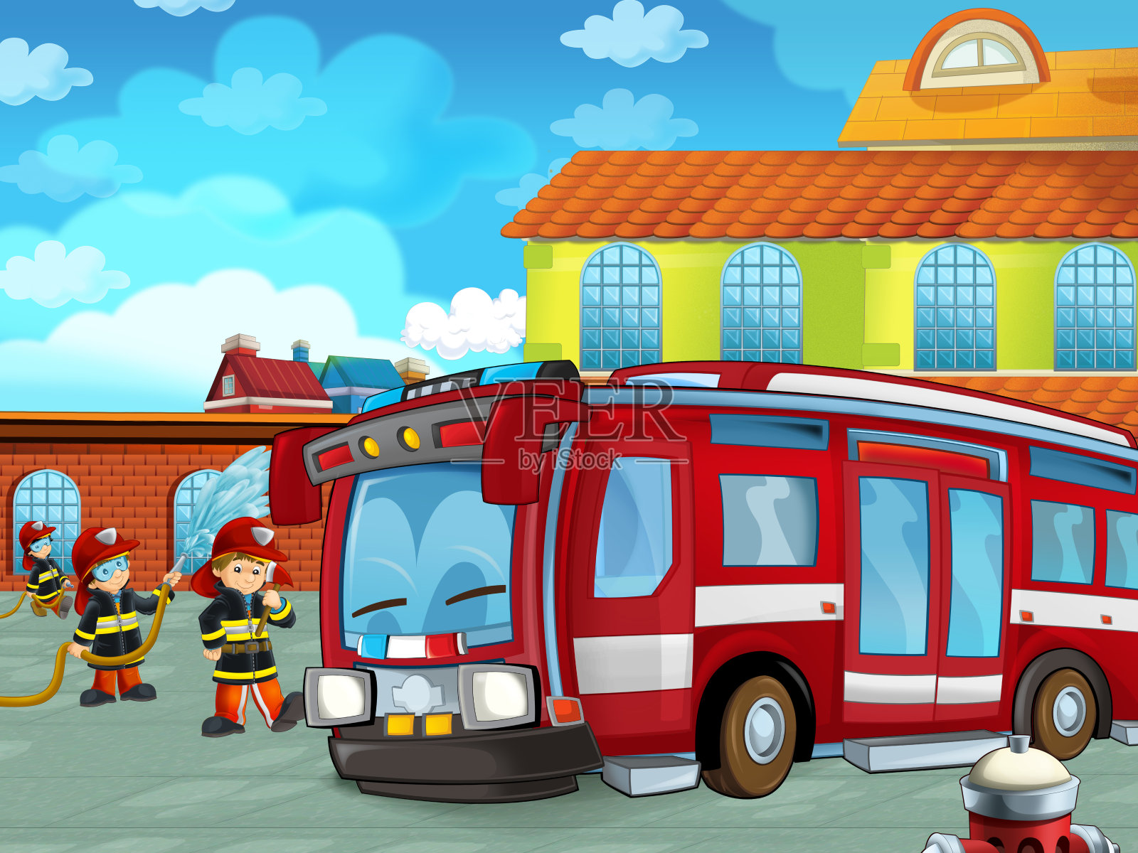 消防队员车在消防站附近的道路上的卡通场景插画图片素材