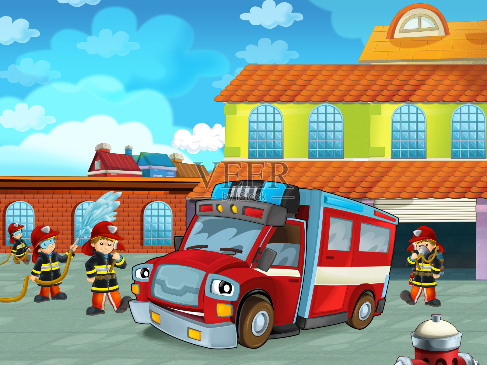 消防队员车在消防站附近的道路上的卡通场景插画图片素材