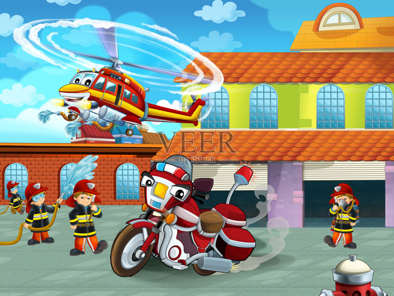 消防队员车在消防站附近的道路上的卡通场景插画图片素材