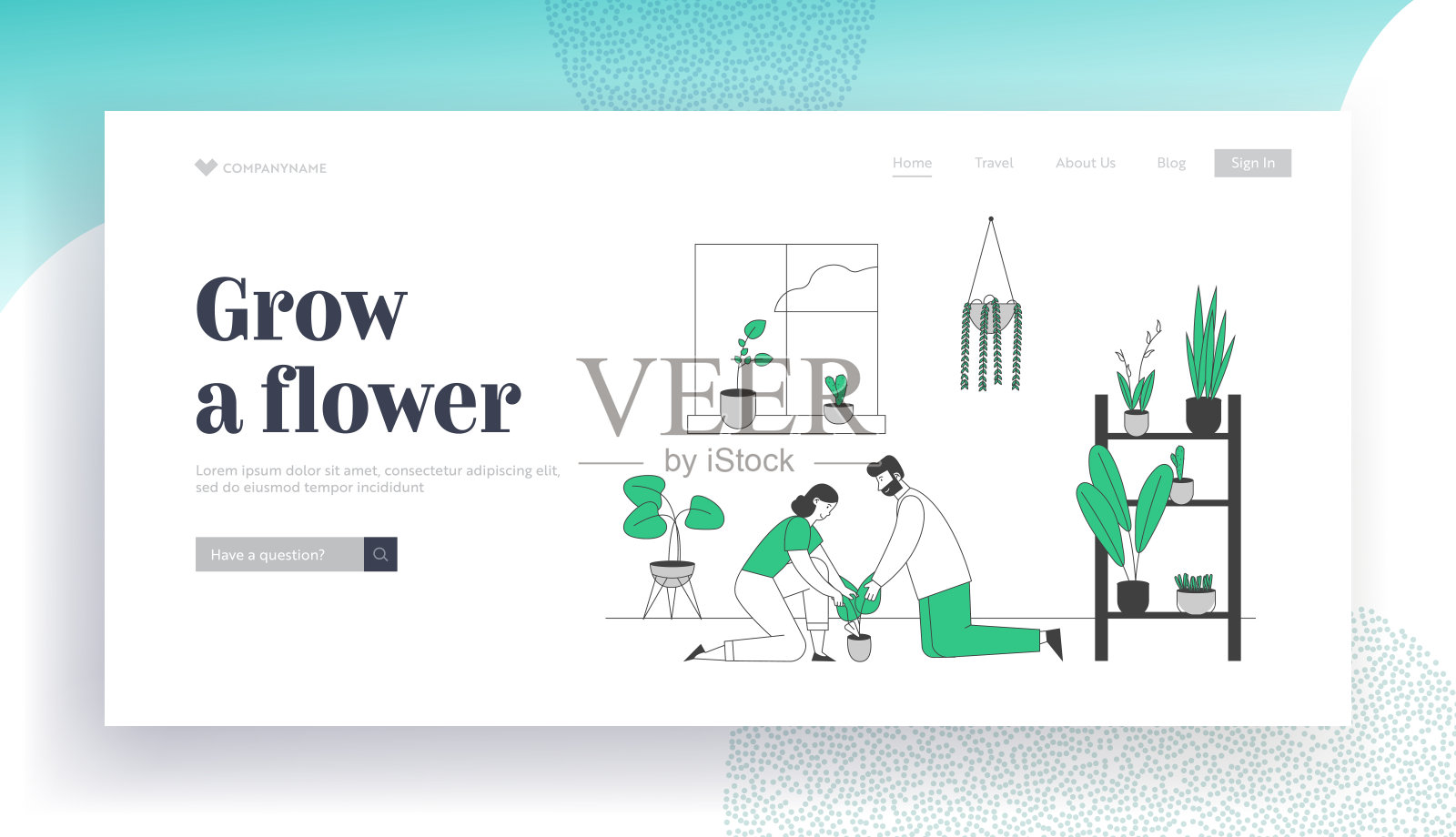 快乐夫妇照料室内植物网站登陆页面。青年男女在家种植盆栽享受园艺爱好网页横幅。卡通平面矢量插图，线条艺术插画图片素材