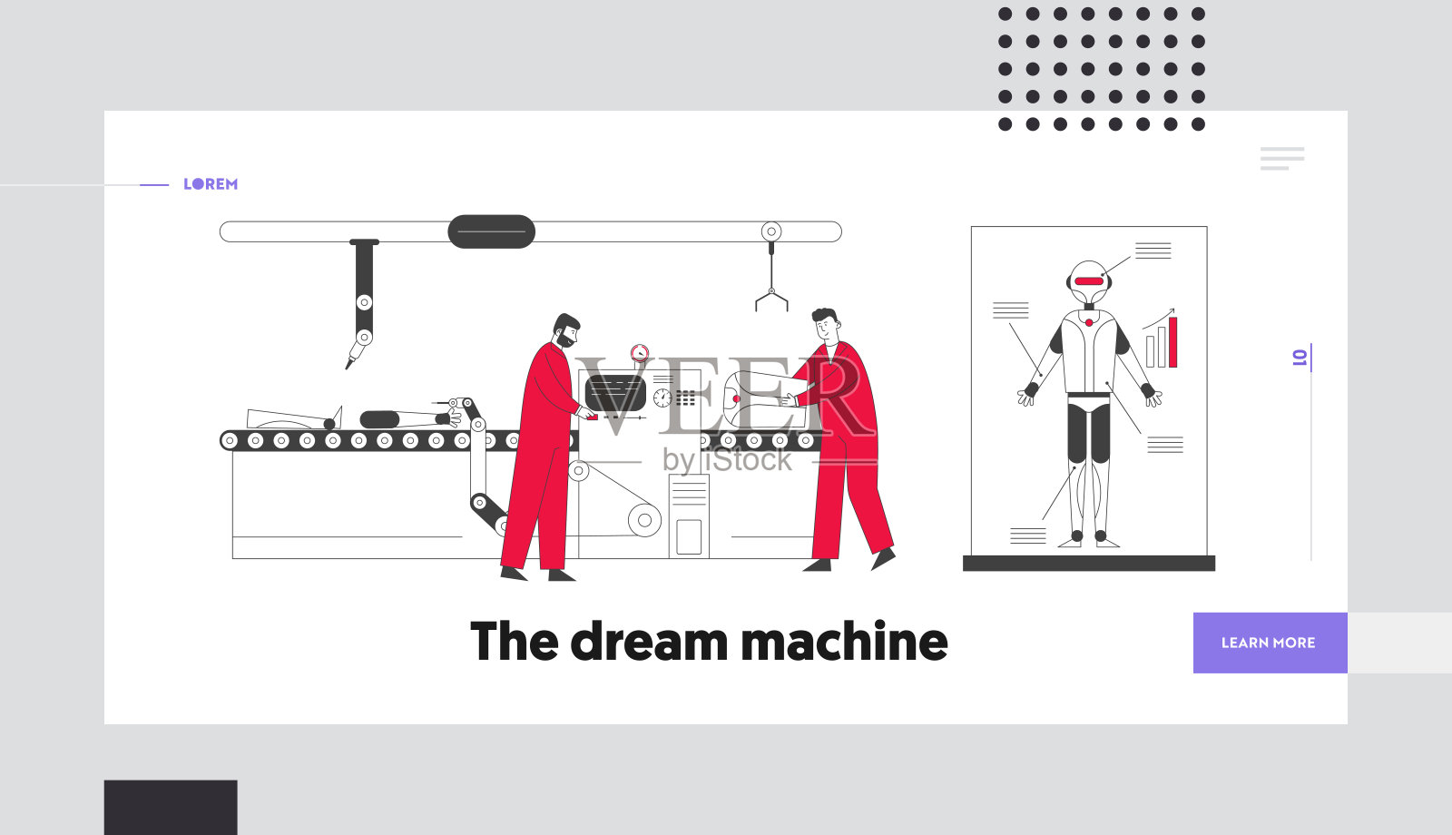 实验室网站登陆页中的机器人创建过程。工程师在传送带上搭建机器人零件，开发人工智能网页横幅。卡通平面矢量插图，线条艺术插画图片素材