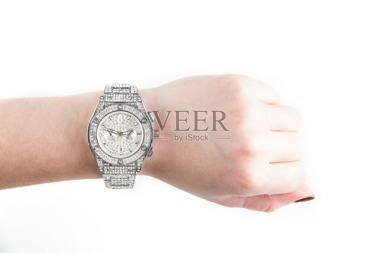 佩戴闪亮宝石的女士手表照片摄影图片