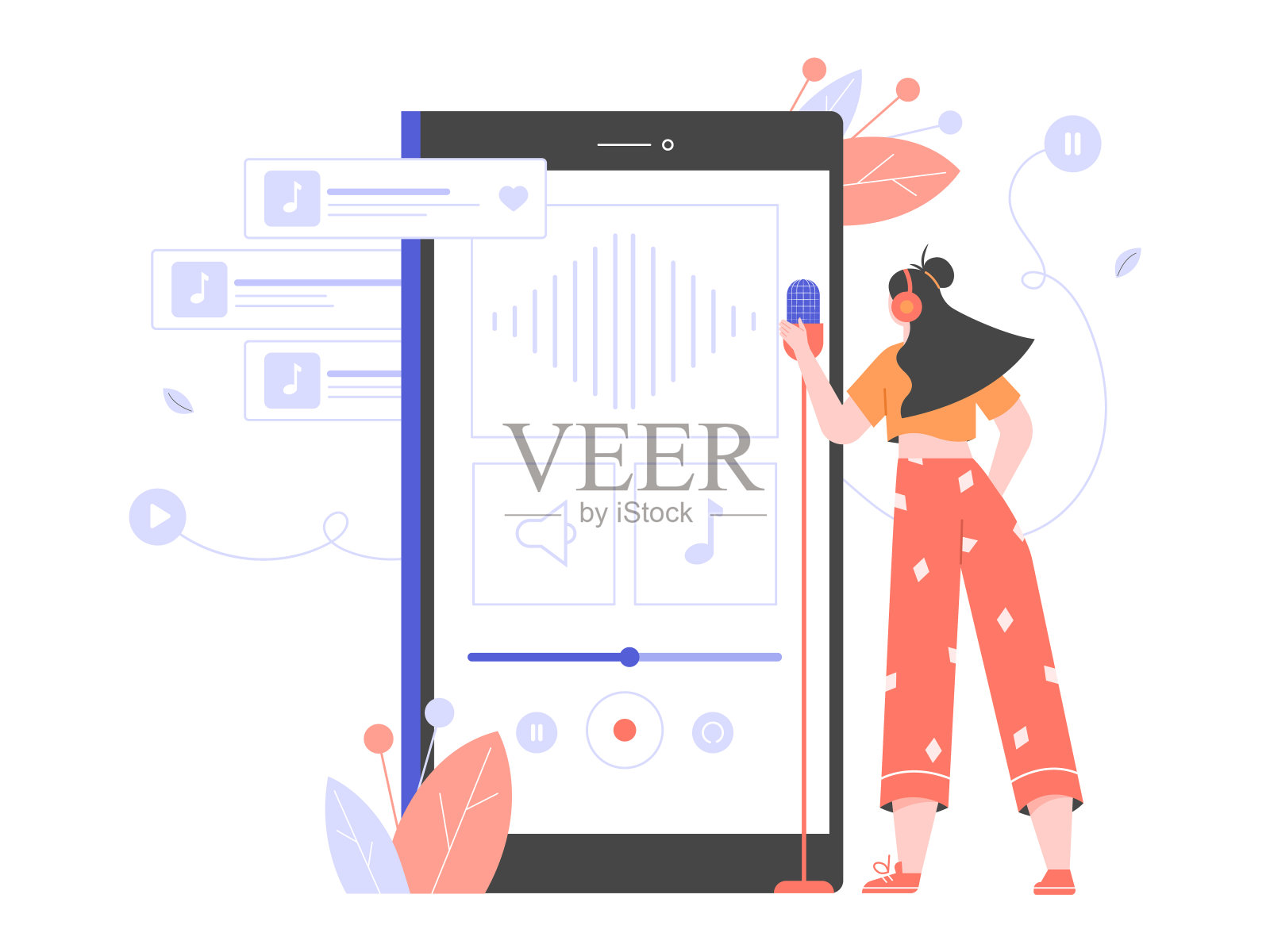 移动语音录音工作室。一个女人正在录制新歌，播客，在线课程。插画图片素材