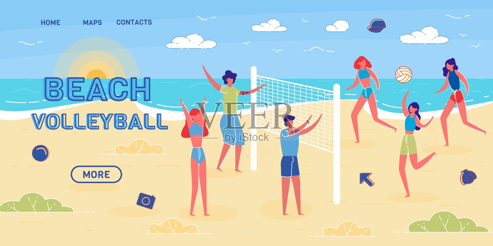沙滩排球平面矢量着陆页面模板插画图片素材