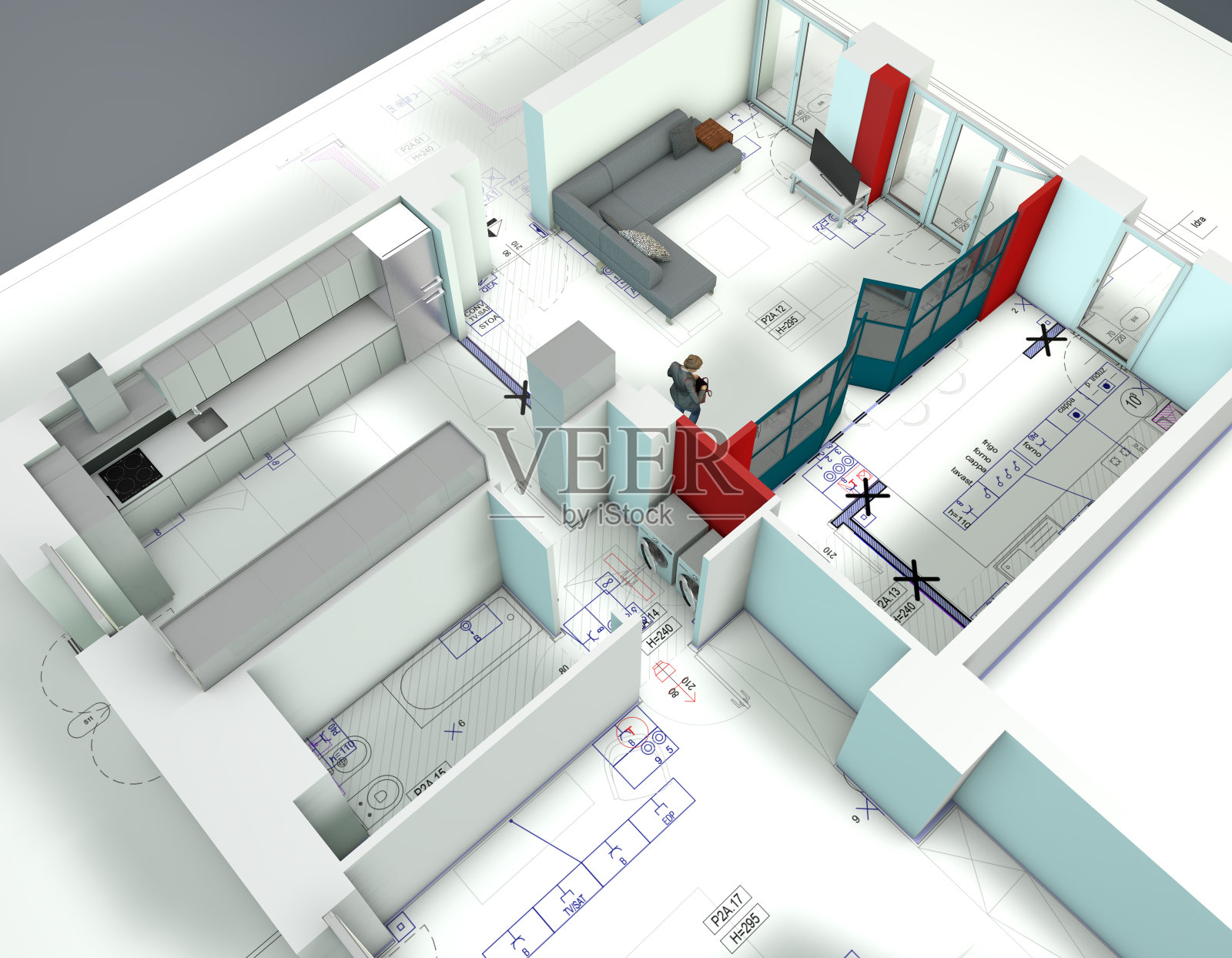 公寓的建筑重新设计，根据房子的平面地图重新规划内部空间。项目的变化。照片摄影图片