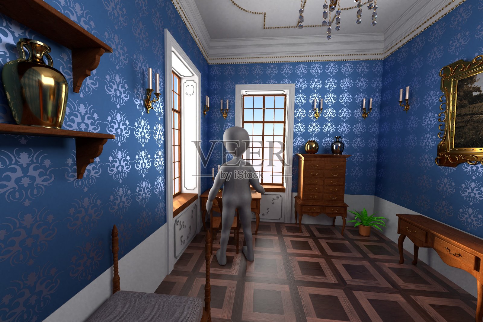 巴洛克房间卡通人物的3D渲染照片摄影图片
