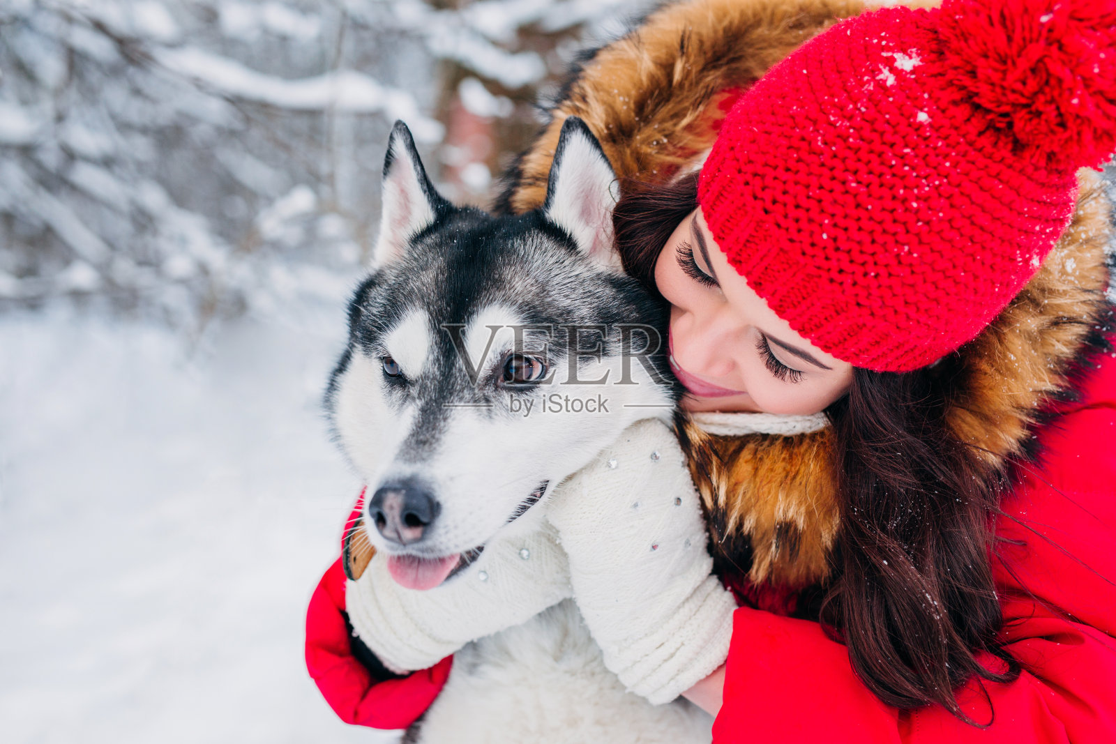 在冬季公园里拥抱哈士奇的年轻女孩照片摄影图片