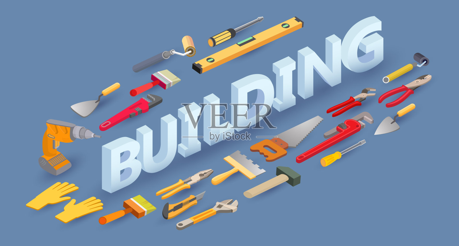 构建服务的概念。等距构建工具和单词构建。矢量。插画图片素材