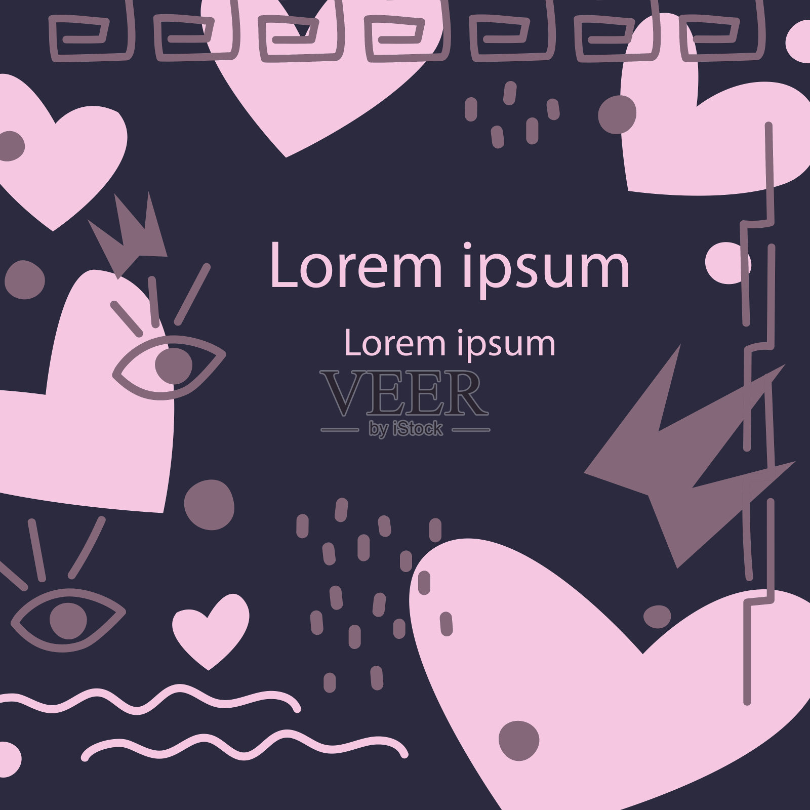 手绘矢量插图，拼贴。心形、几何形状、眼睛、皇冠和涂鸦元素的抽象构图。插画图片素材