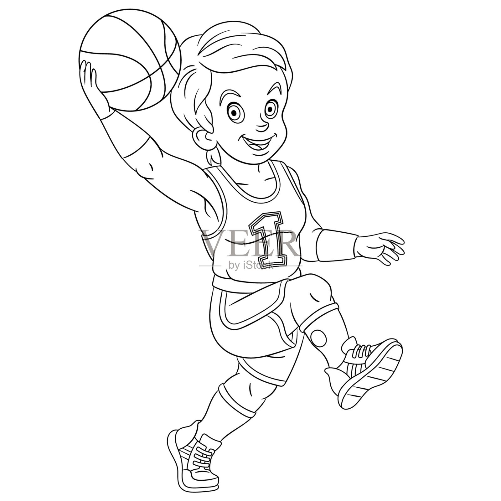 漫画男孩打篮球的涂色页插画图片素材