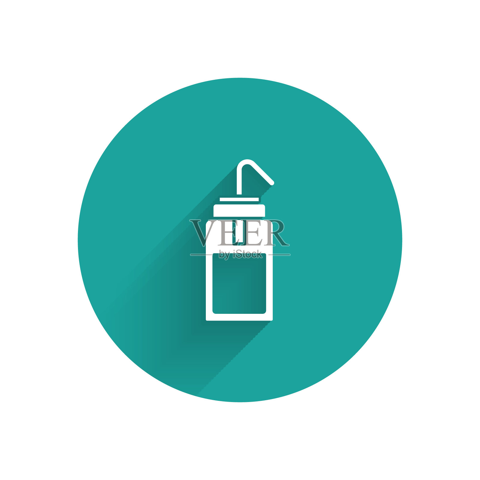 白色实验室洗瓶化学和科学实验室图标孤立与长阴影。喷洒水和溶剂的设备。绿色圆圈按钮。矢量图插画图片素材