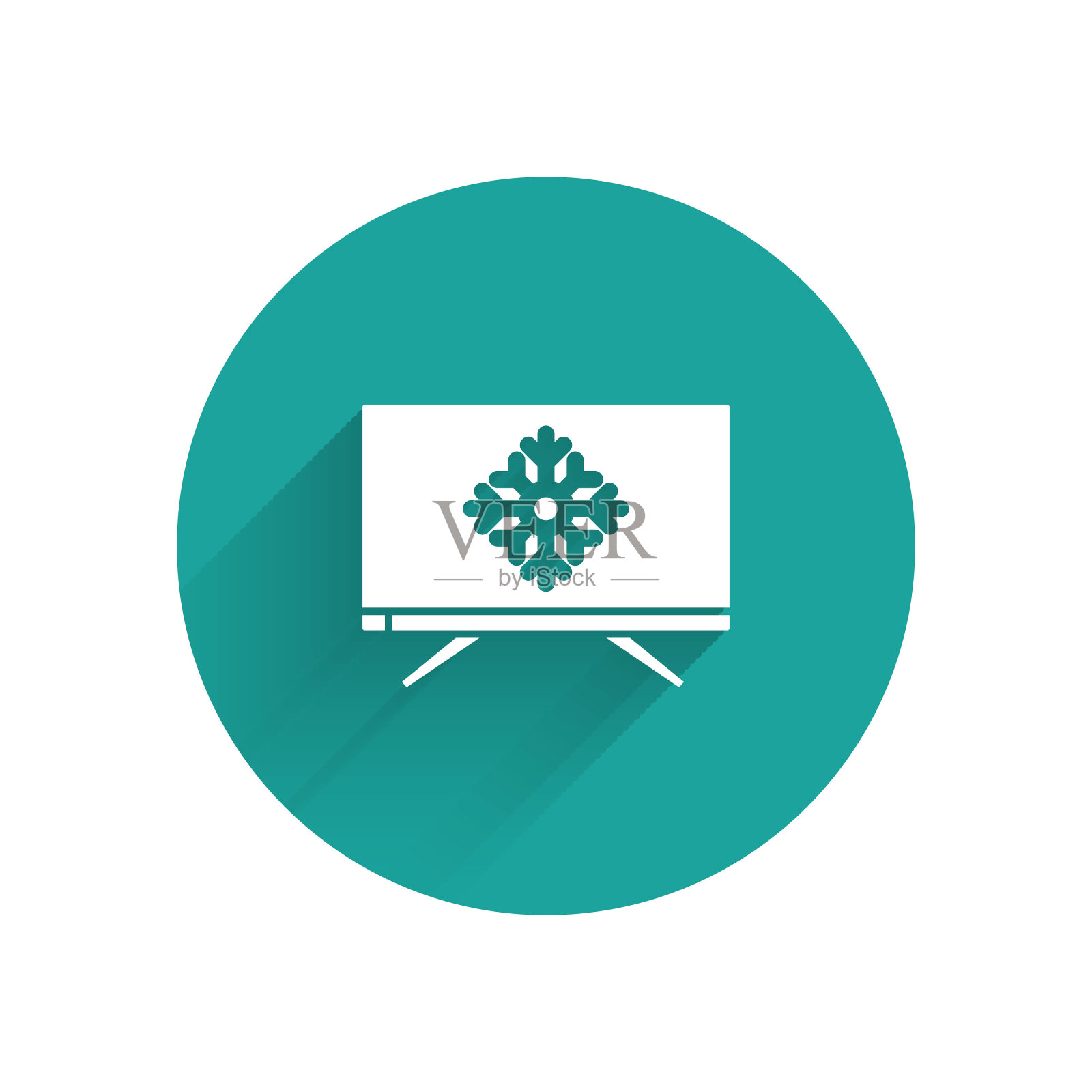 电视上的白色圣诞快乐和雪花图标，长阴影。新年快乐。绿色圆形按钮。矢量图插画图片素材