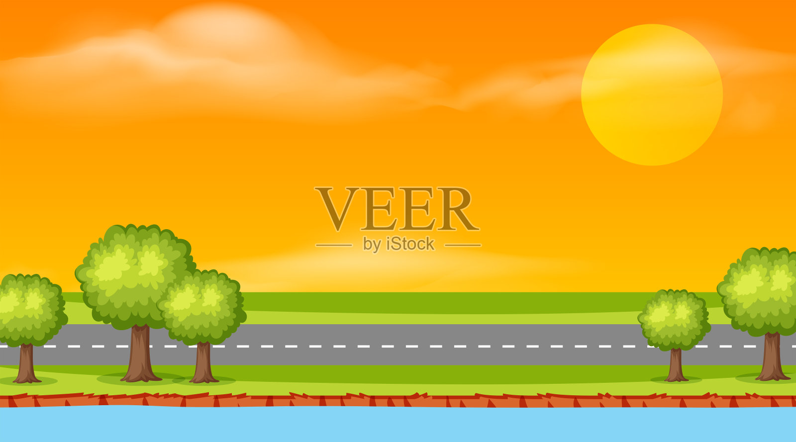 夕阳下道路景观背景设计插画图片素材
