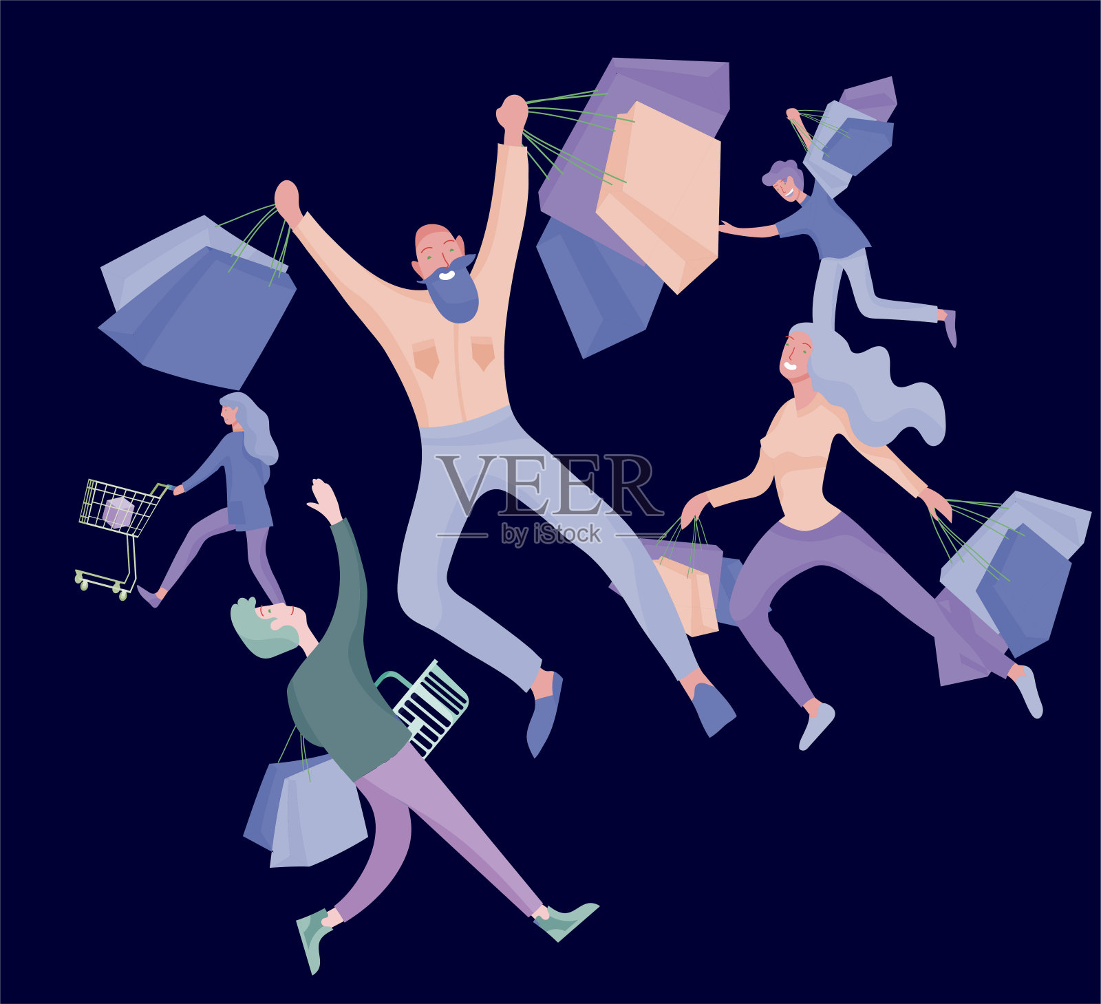 男男女女参加商店、商店、购物中心的季节性大减价。黑色星期五卡通人物概念。插画图片素材