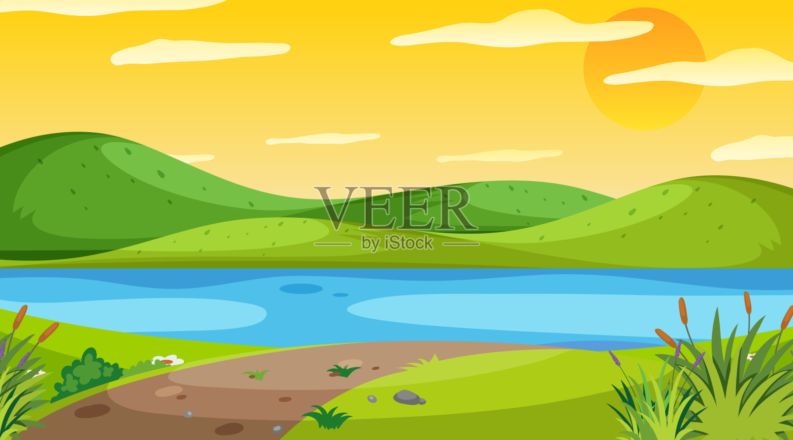 日落时河流的自然景色插画图片素材