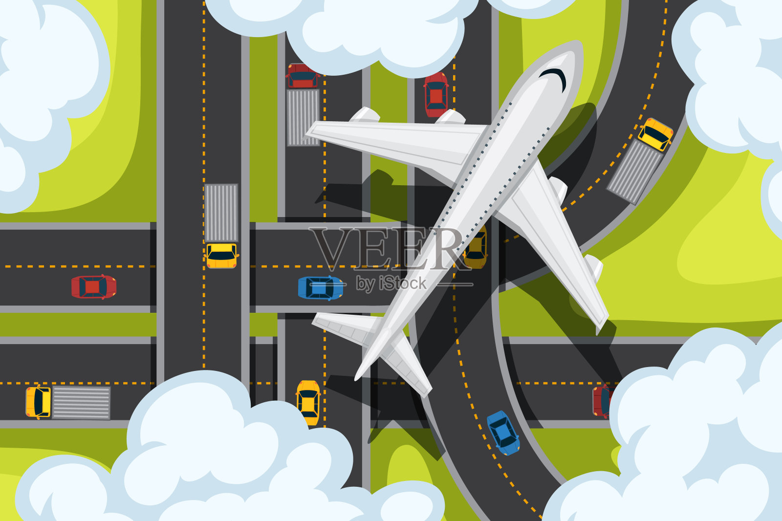 有道路和飞机飞行的空中设计插画图片素材