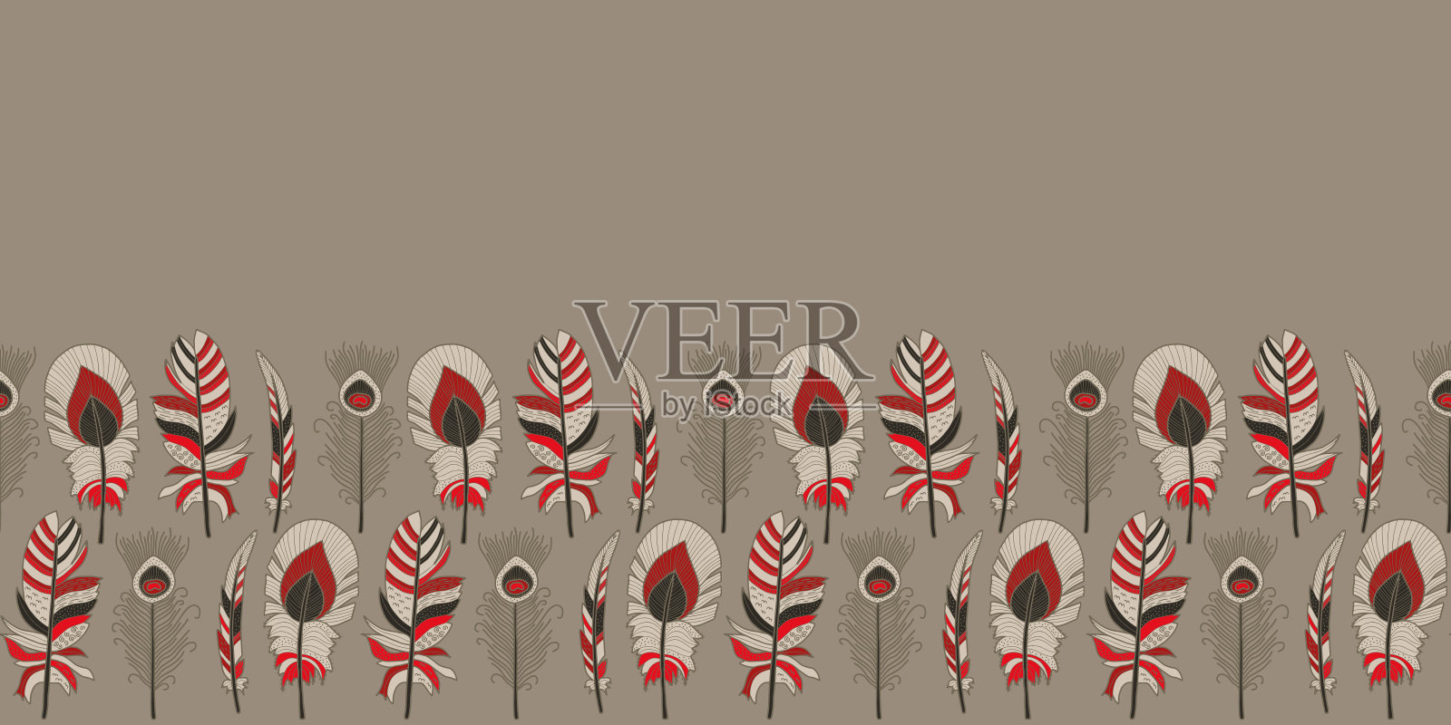 矢量羽毛无缝边界在灰色，白色，红色插画图片素材