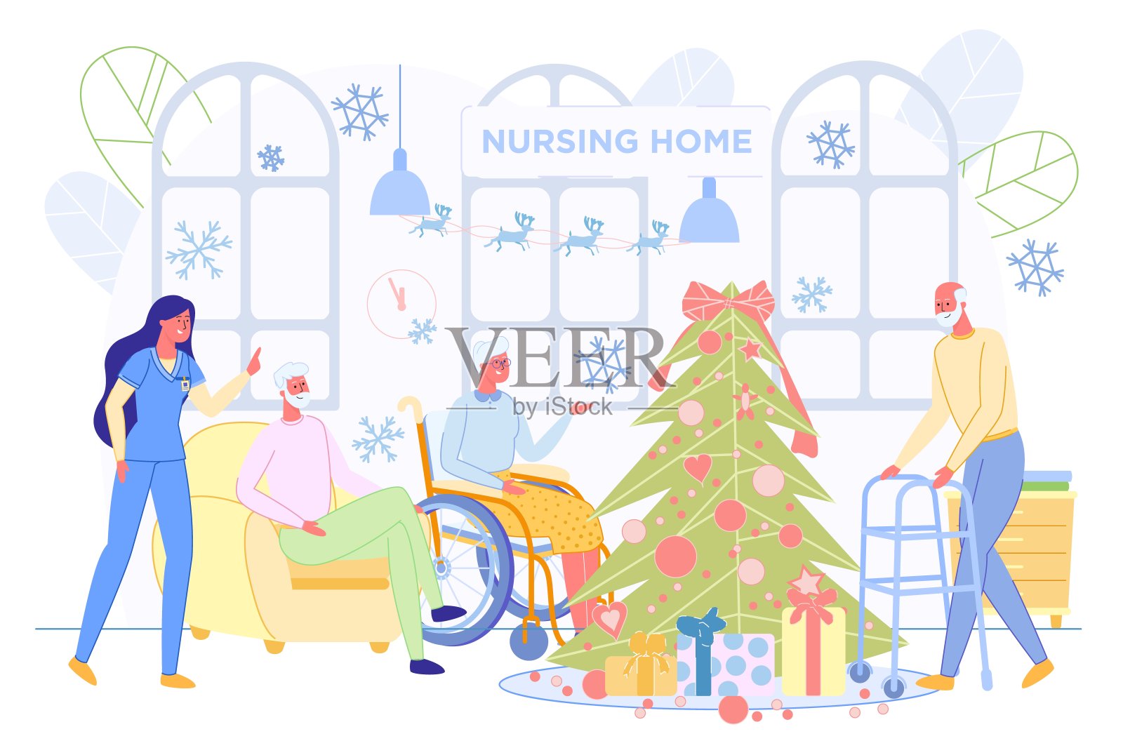 老年人在养老院庆祝圣诞节插画图片素材