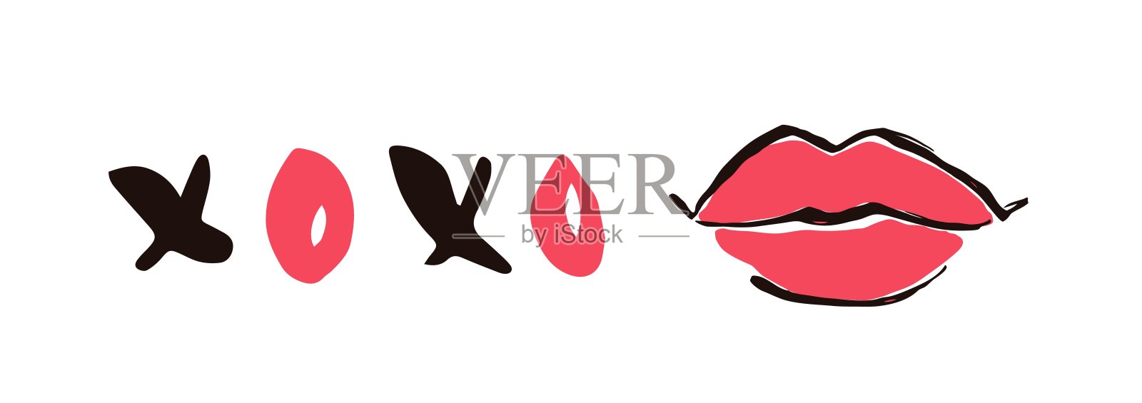 红色的嘴唇，亲昵的拥抱和亲吻，用墨水笔画的手插画图片素材