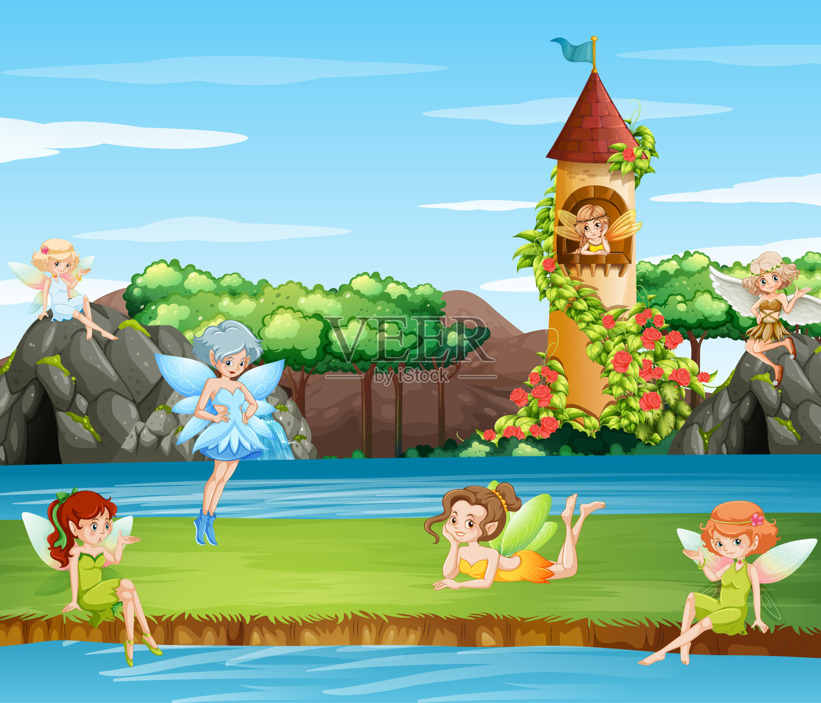 仙女在花园里飞翔的场景插画图片素材