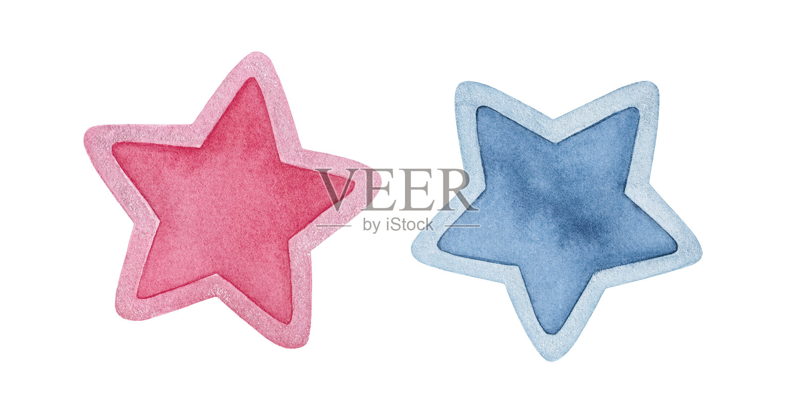 水彩插图的两个可爱的星星形状装饰与微小的闪光。海军蓝和淡粉色;男孩和女孩的符号。手绘水彩在白色，孤立的剪贴画元素。设计元素图片