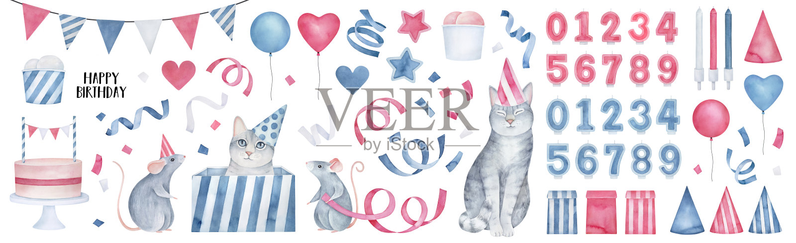 大的“生日快乐”系列，有有趣的动物，蛋糕，恶作剧蜡烛，悬挂花环，许多彩带，气球，爱心象征，节日帽。手绘水彩画，孤立元素。插画图片素材