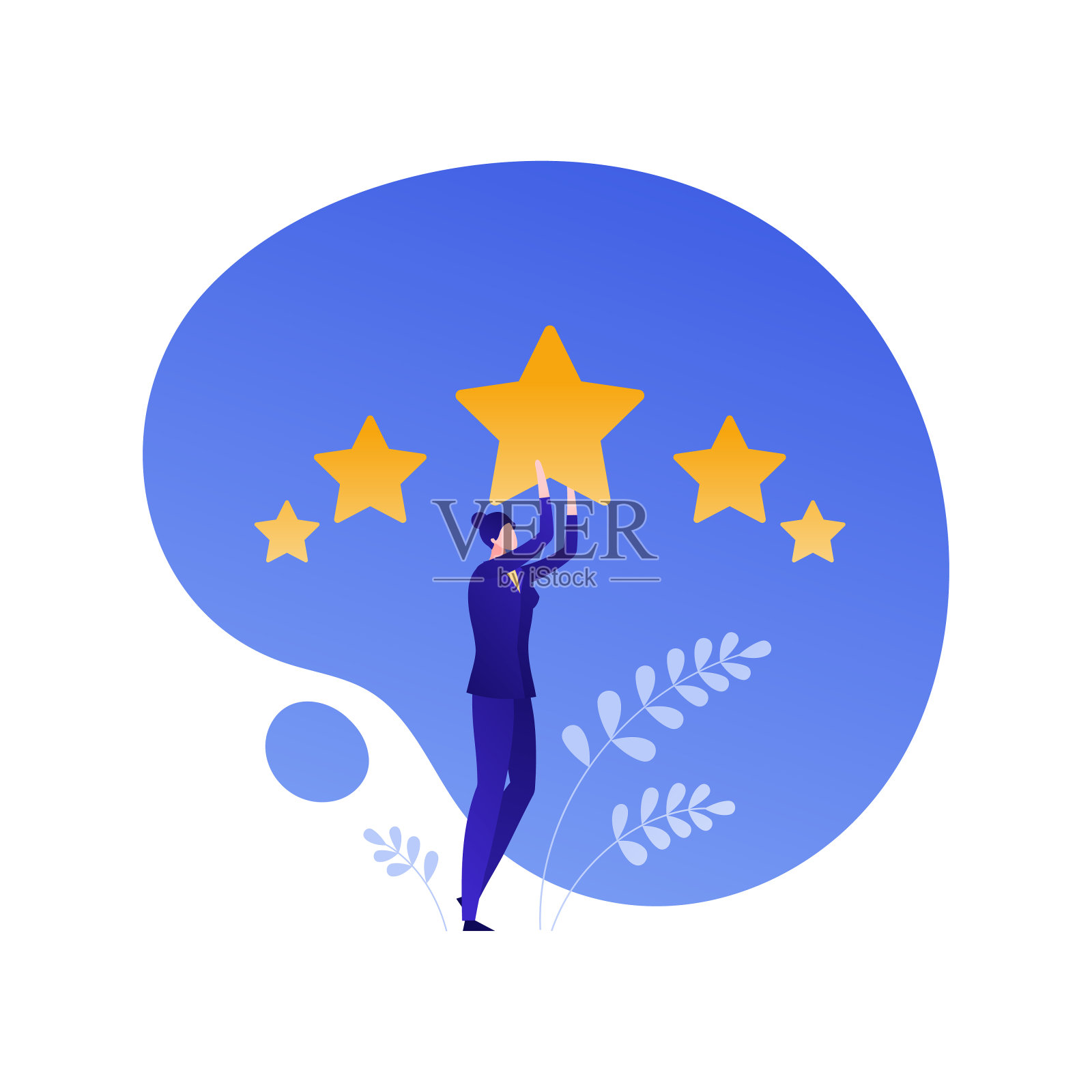客户反馈调查扁平化业务矢量人插图。最优质的服务评价理念。女商人拿着蓝色的星星。设计元素的旗帜，背景，海报，网页，ui插画图片素材