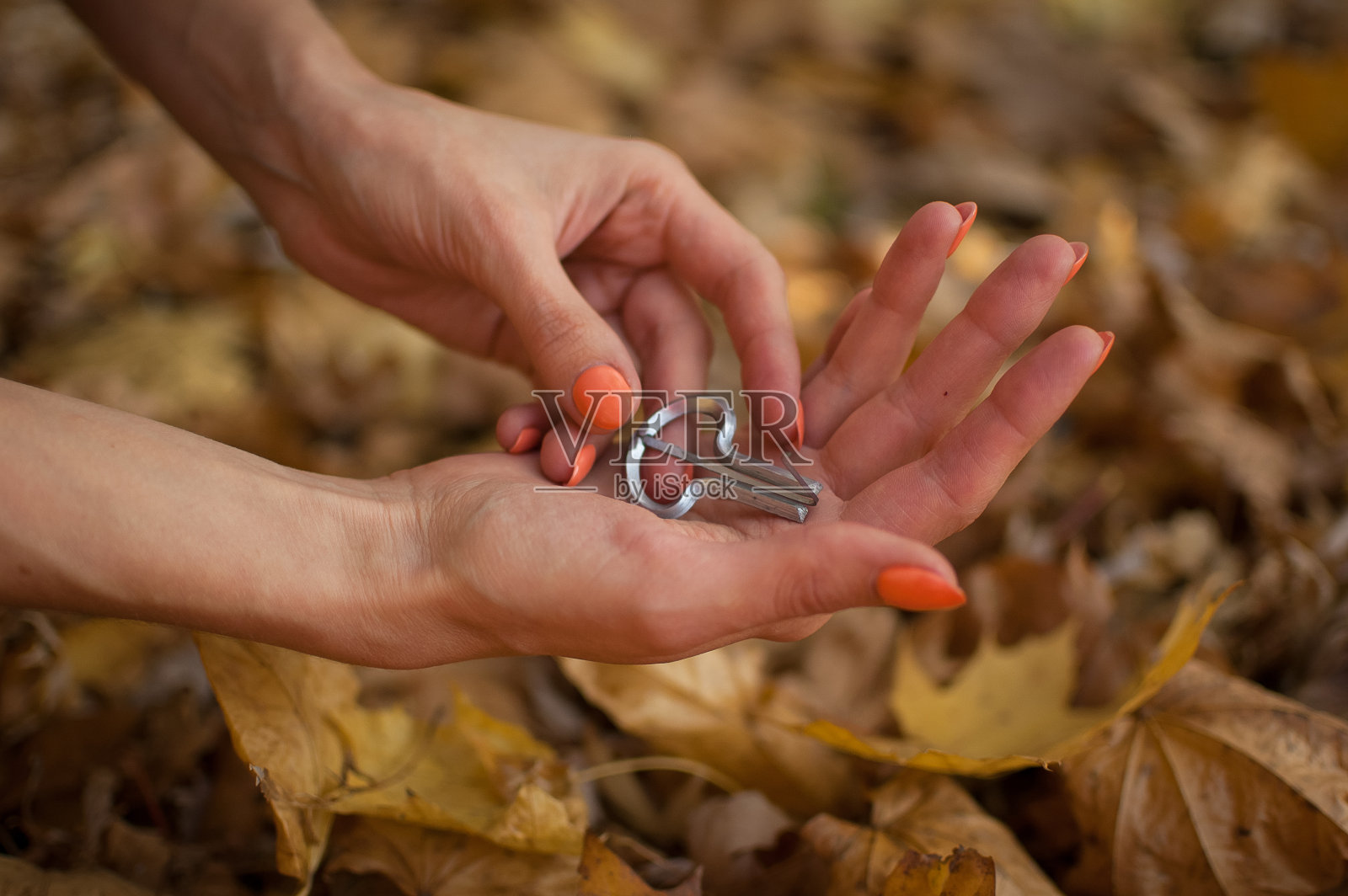 秋日户外，女性手拿着传统的hutsul drymba或犹太人的竖琴，这是世界上最古老的乐器，背景是落叶照片摄影图片