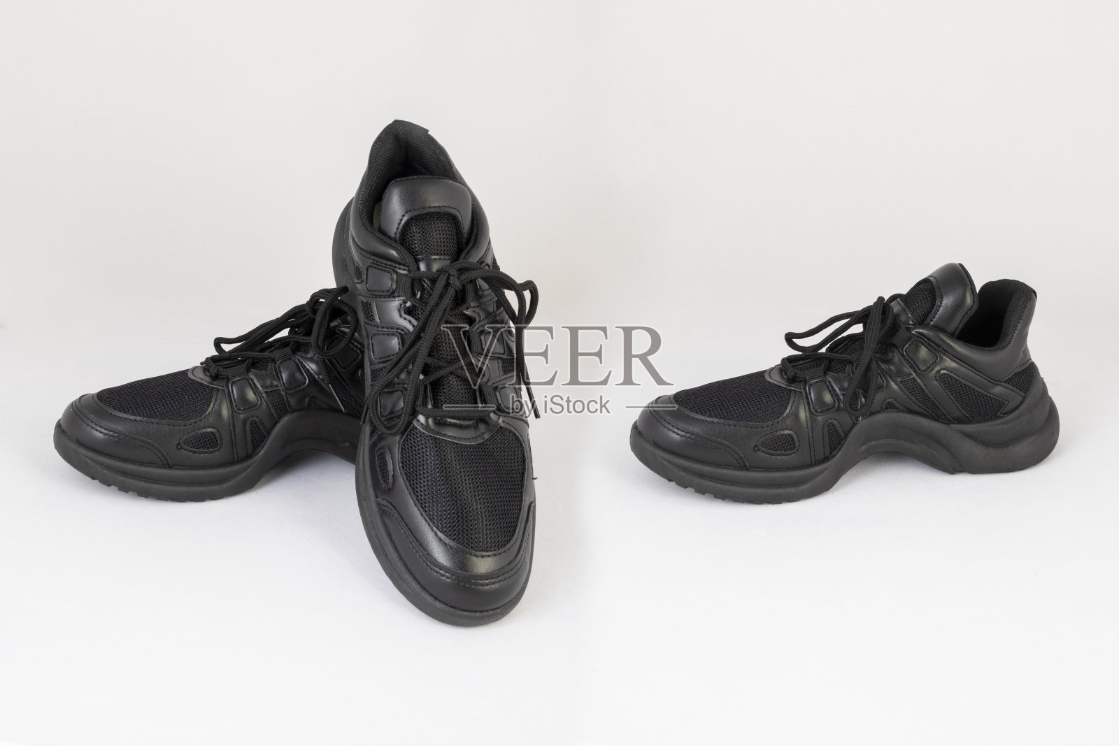 黑色皮革运动鞋鞋孤立的白色背景侧和正面视图照片摄影图片