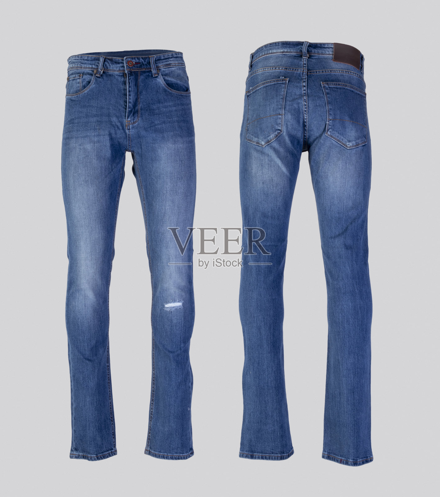 男人蓝色牛仔裤孤立在白色背景，前后视图照片摄影图片