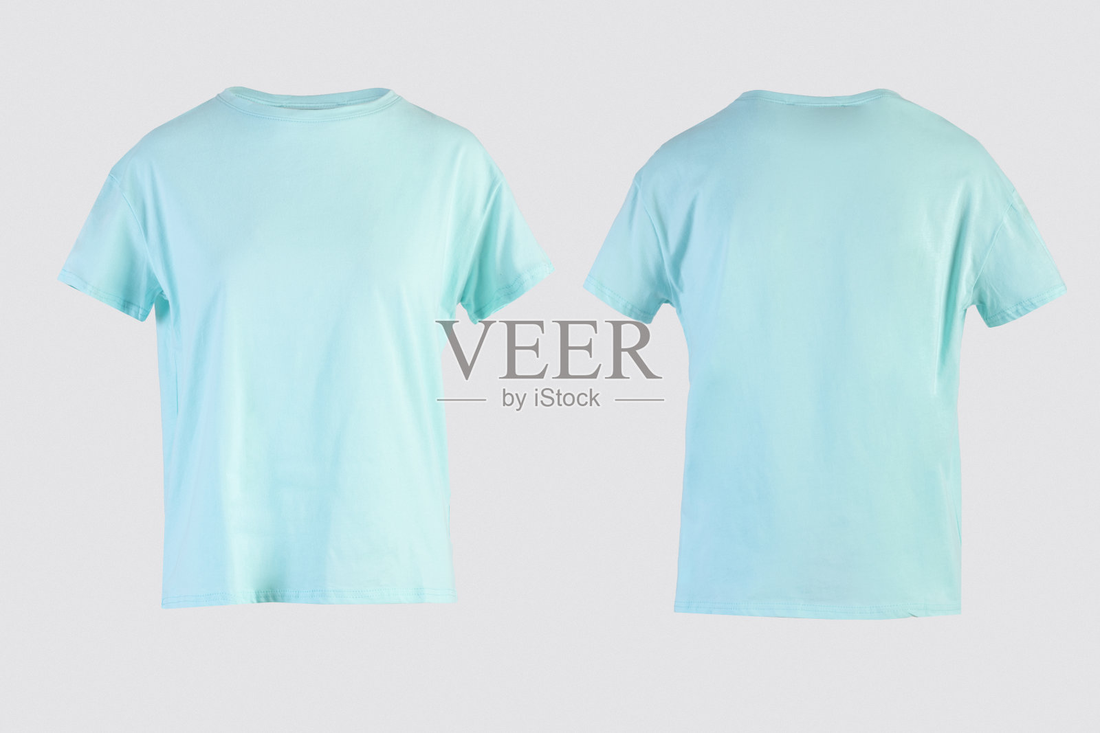 空白婴儿蓝色女性t恤孤立在白色背景前和后看不见的人体模型照片摄影图片