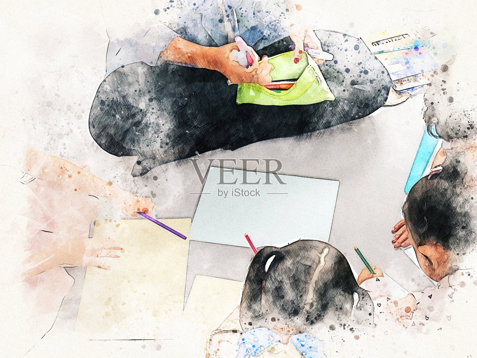 小朋友们在假期周末学习绘画，以水彩插画为背景。插画图片素材